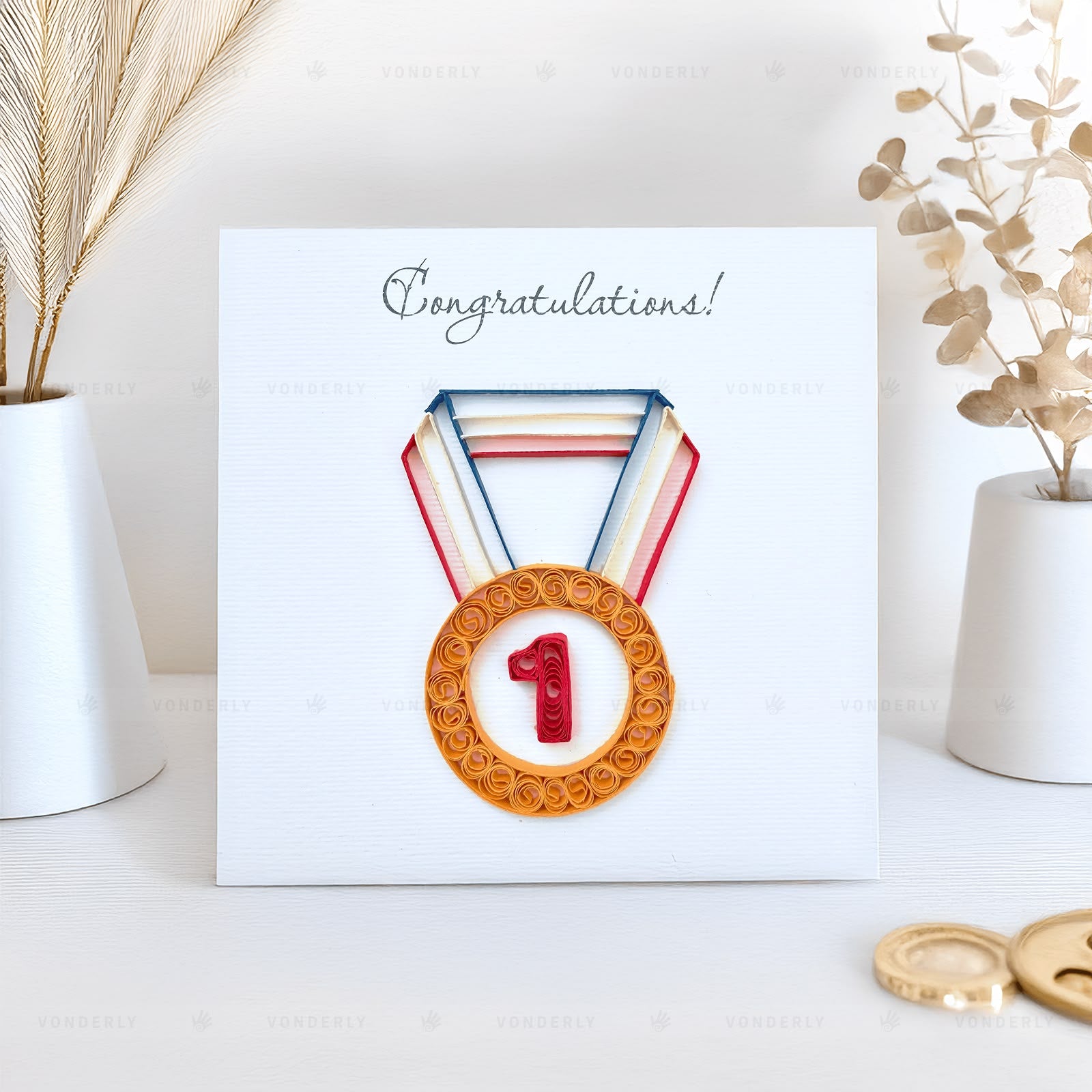 Handmade Quilled Gold Medal Award Card | Eco-friendly Greeting Card for Achievements