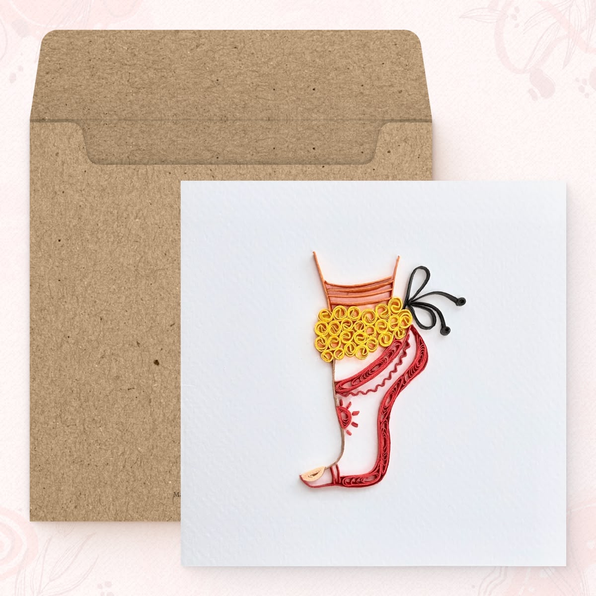 Vonderly quilled Bharatanatyam dance card with kraft envelope, Tamil heritage paper art card