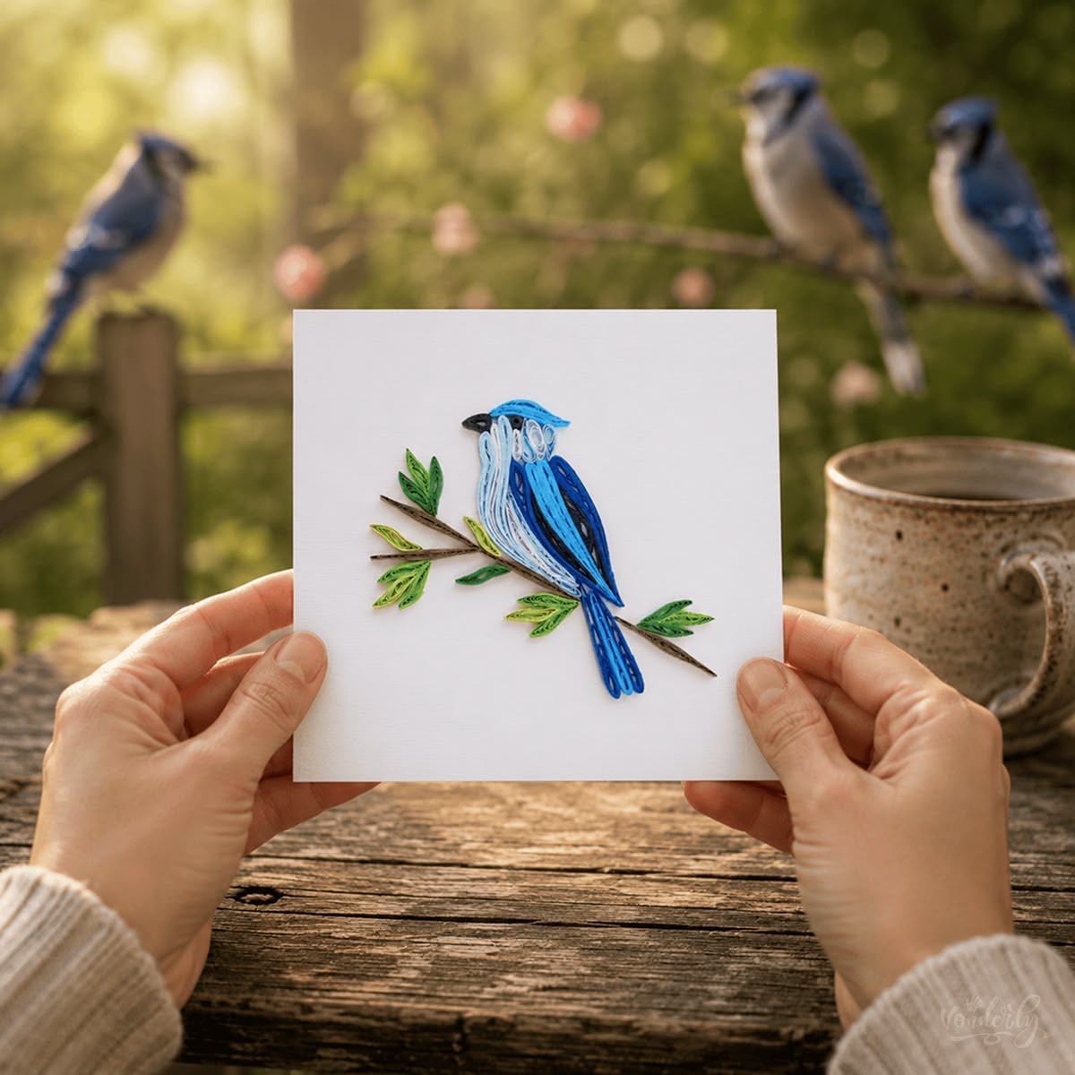 Hands hold a handmade quilled blue jay greeting card with real blue jays visible in the garden background, Vonderly