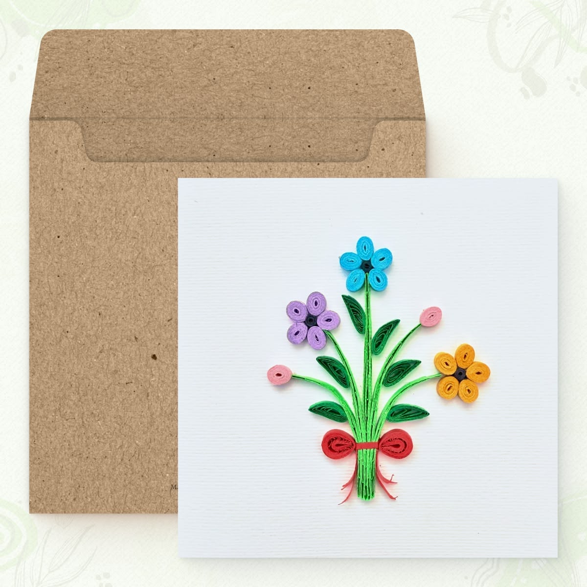 Vonderly quilled flower bouquet card with kraft envelope, tied bouquet paper art card