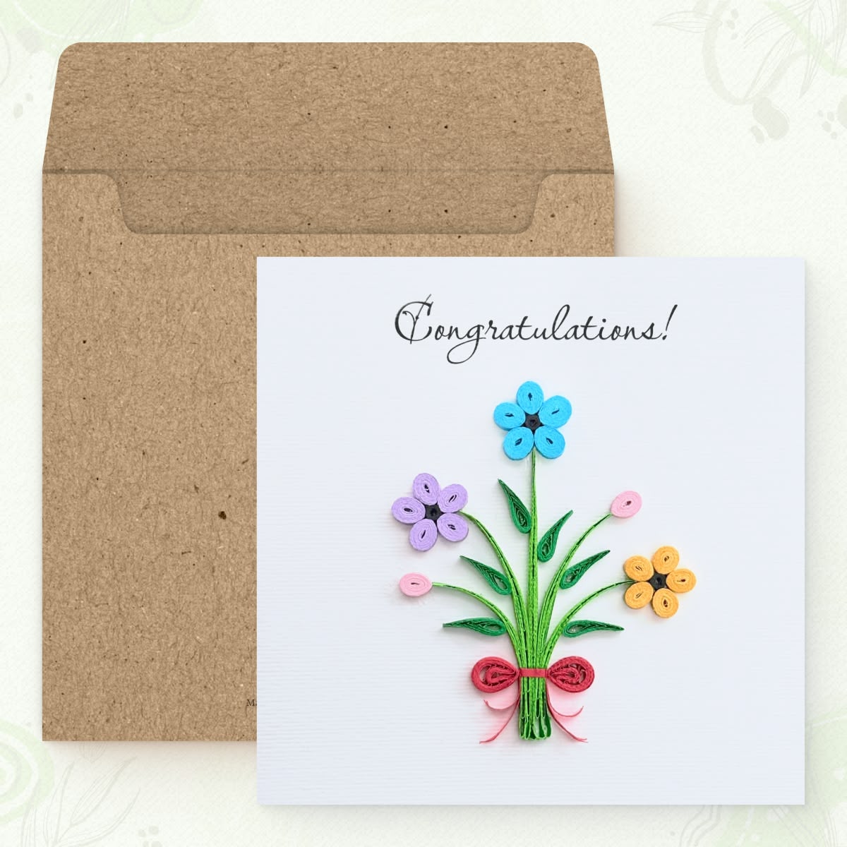 Vonderly quilled congratulations bouquet card with kraft envelope, flower bouquet with red ribbon paper art card