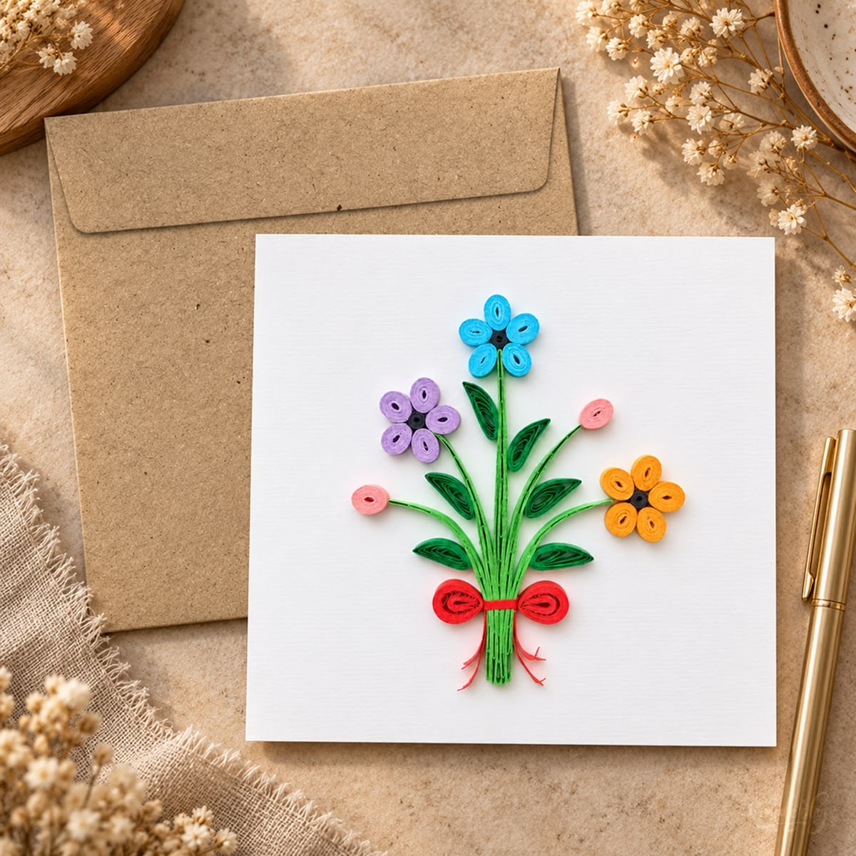 Bouquet quilled greeting card and its kraft envelope on stone, with dried flowers and a gold pen alongside.