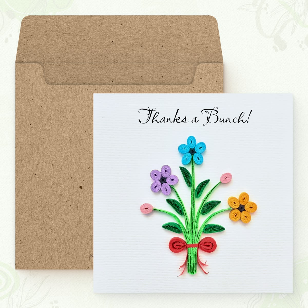 Vonderly quilled thank you bouquet card with kraft envelope, flower bouquet with red ribbon paper art card