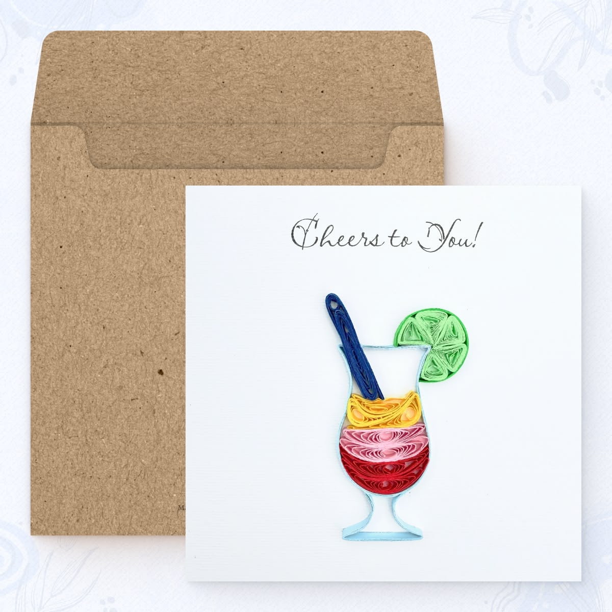 Vonderly quilled cocktail congratulations card with kraft envelope, layered drink with lime wheel paper art card