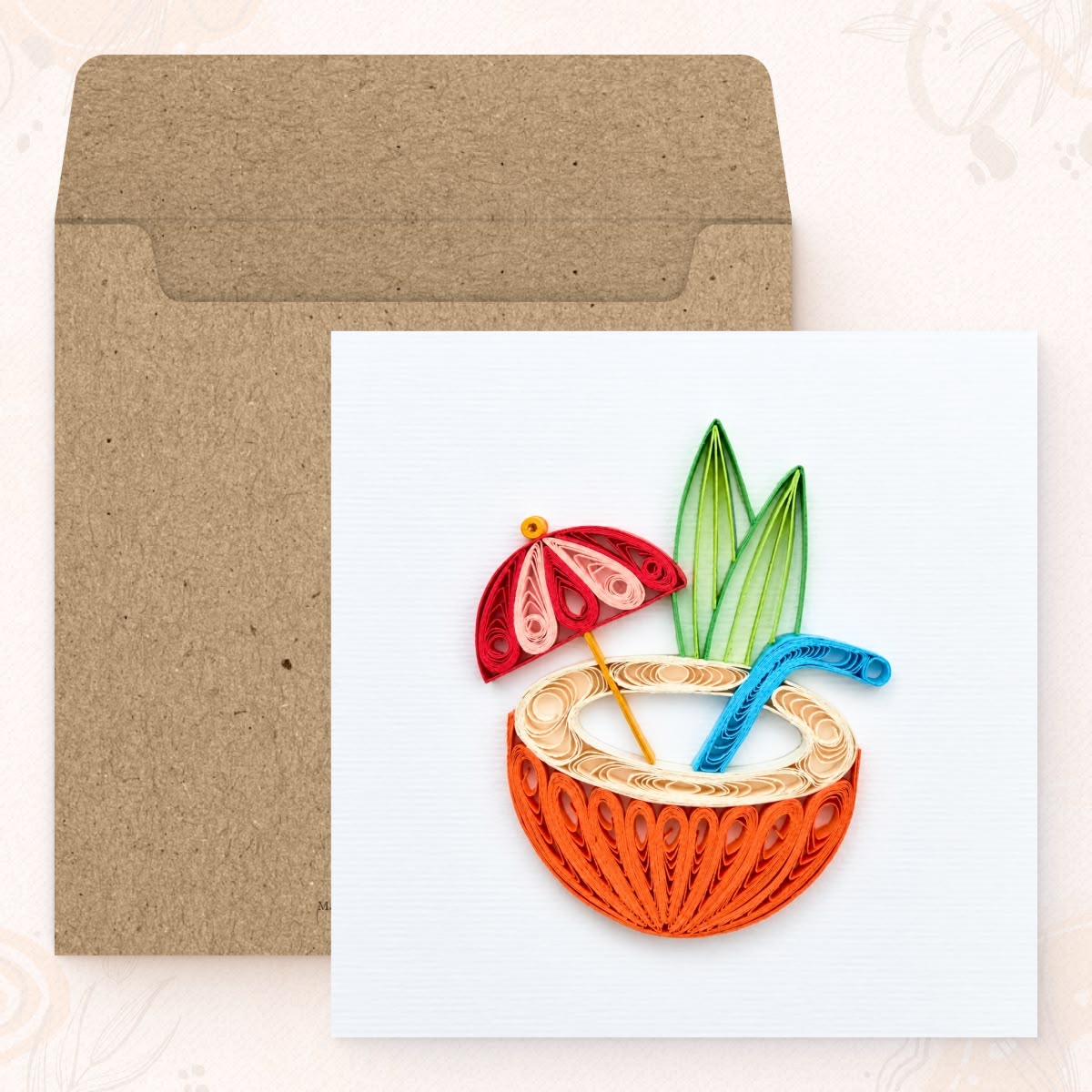 Coconut Drink quilled greeting card shown with its square kraft envelope.