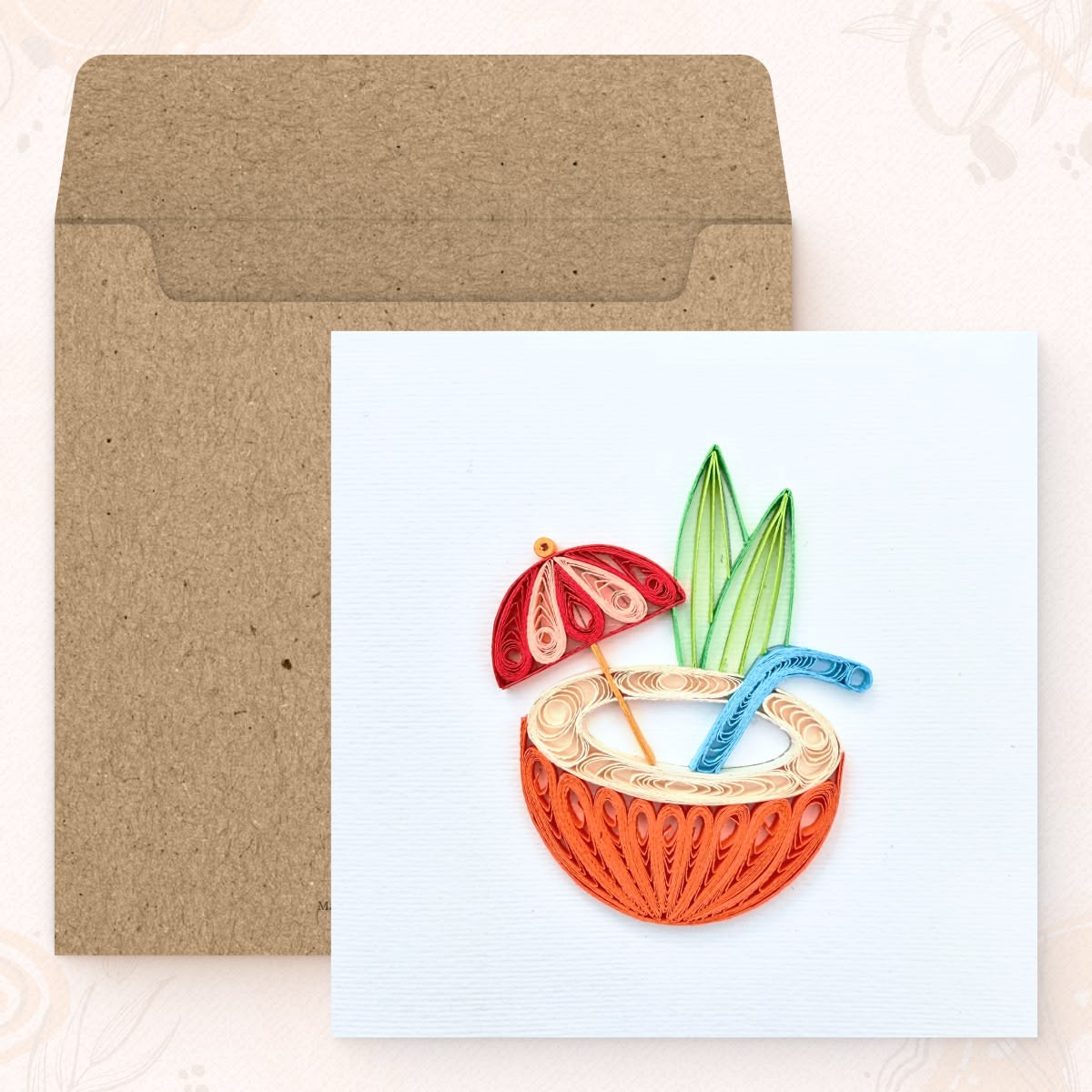 Vonderly quilled tropical coconut drink card with kraft envelope, orange coconut with red umbrella and blue straw paper art card