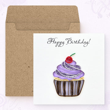 Vonderly quilled cupcake birthday card with kraft envelope, purple frosting cupcake paper art card