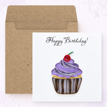 Cupcake quilled birthday card shown with its square kraft envelope.