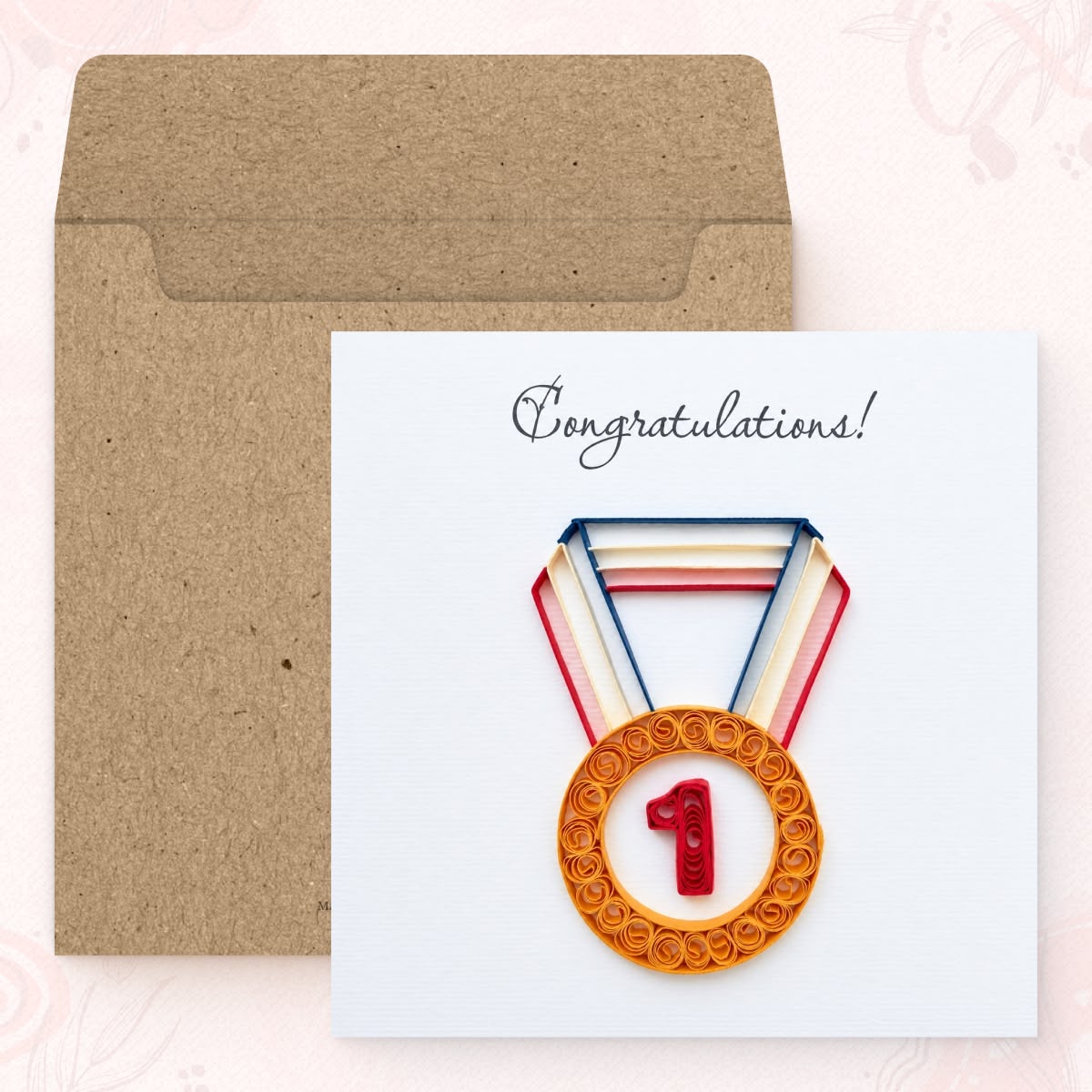 First Place Medal quilled greeting card shown with its square kraft envelope.