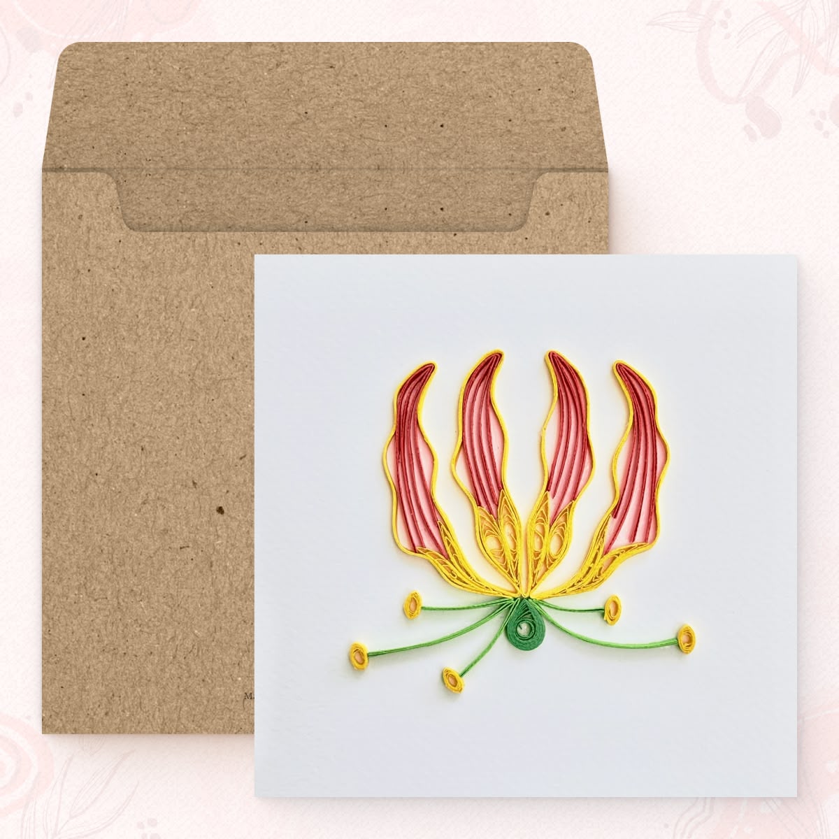 Vonderly quilled flame lily card with kraft envelope, flame lily paper art card