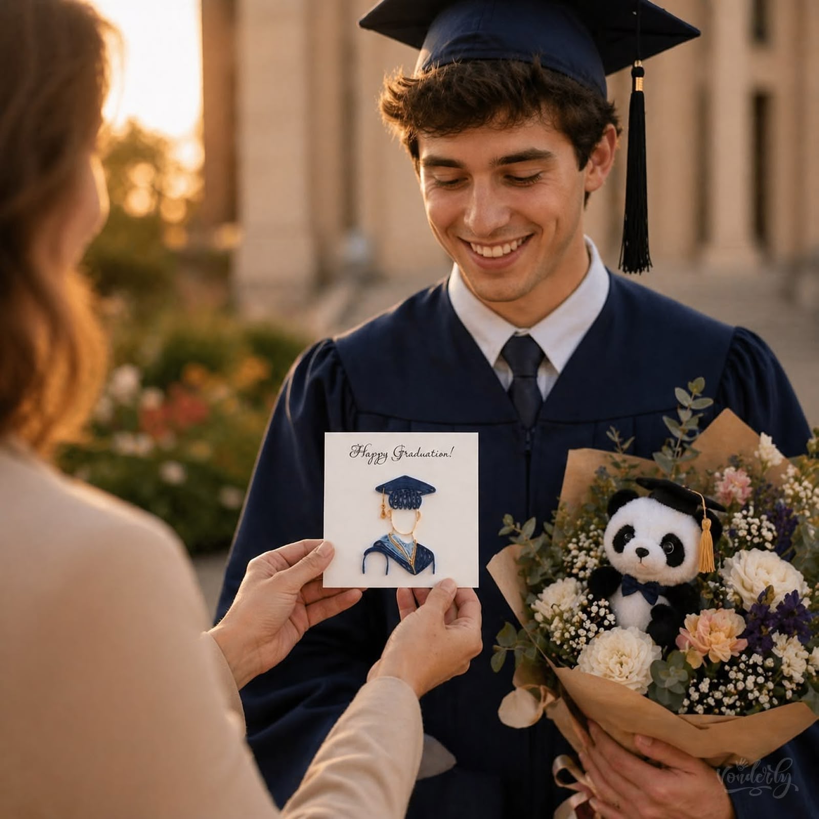 Male graduate receiving handmade quilled graduation card outdoors, Vonderly paper art card for him