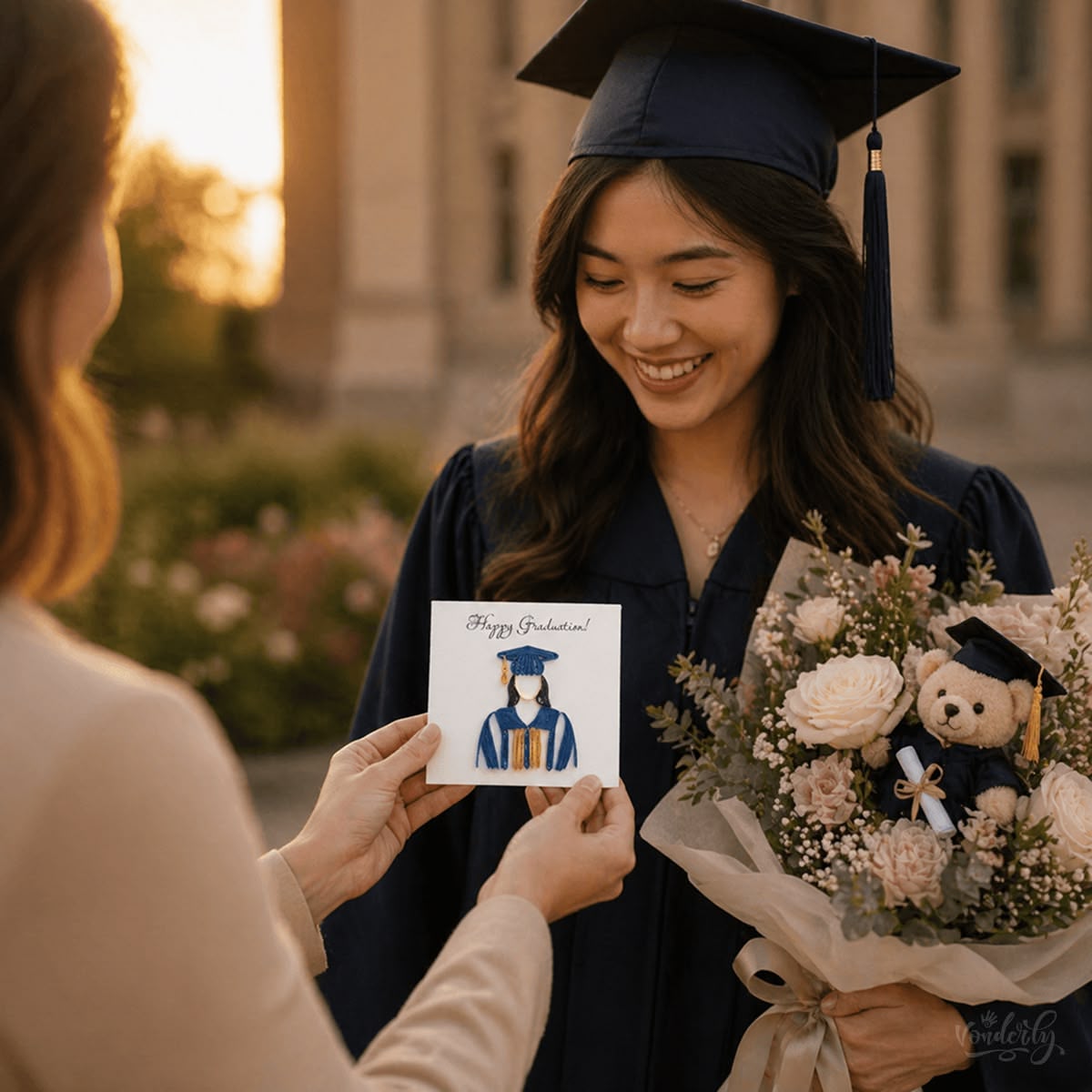 Female graduate in cap and gown receiving handmade quilled graduation greeting card, Vonderly