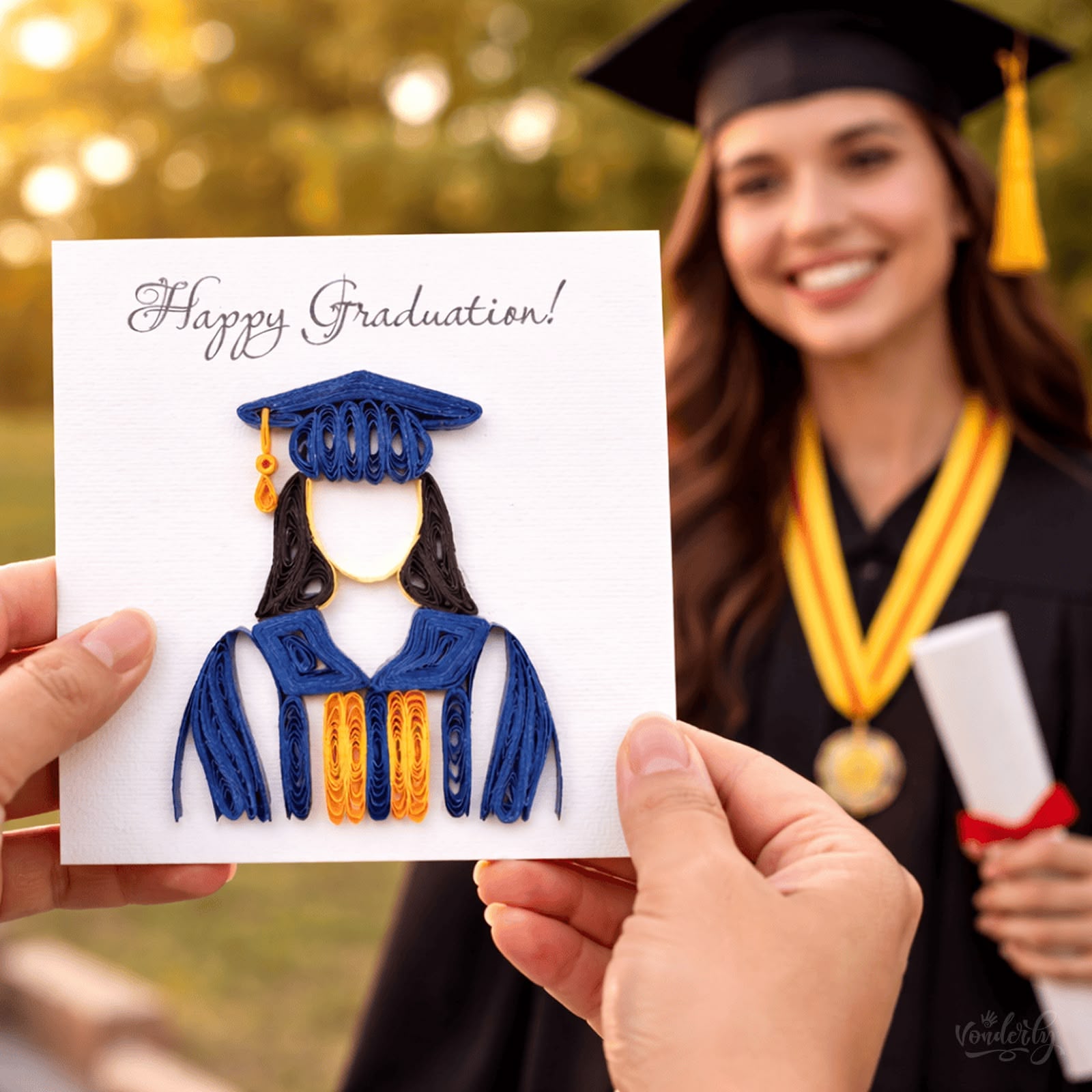 Female graduate receiving handmade quilled graduation card outdoors, Vonderly paper art card
