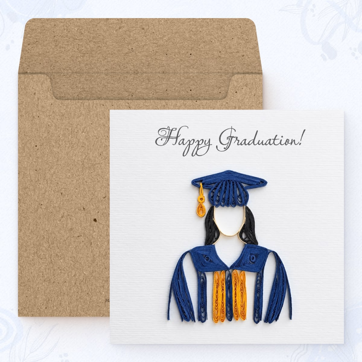 Her Big Day quilled graduation card shown with its square kraft envelope.