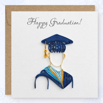 Quilled graduation card with a figure in a navy cap and gown and a navy, sky blue, and gold hood.