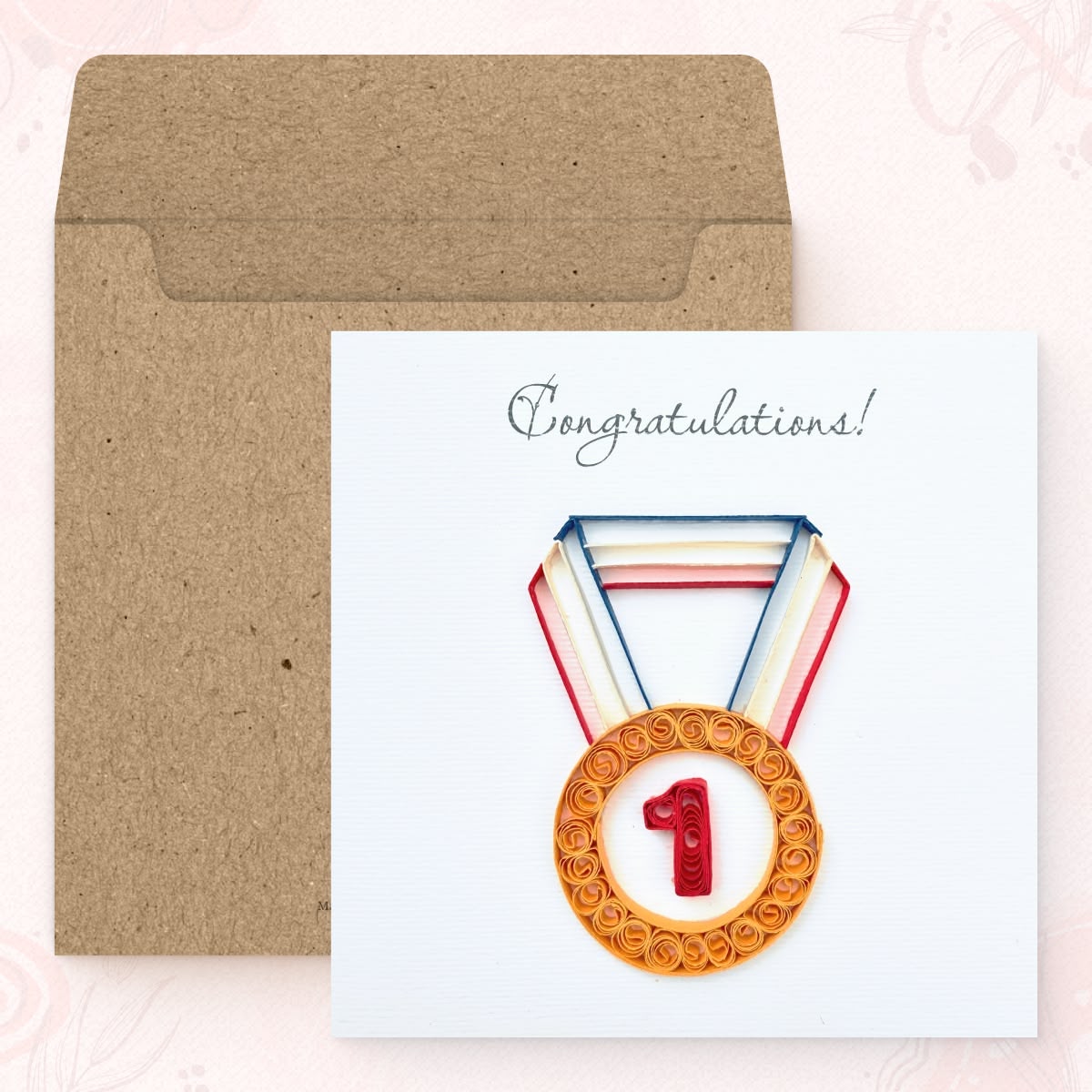 Vonderly quilled congratulations medal card with kraft envelope, gold first-place medal paper art card