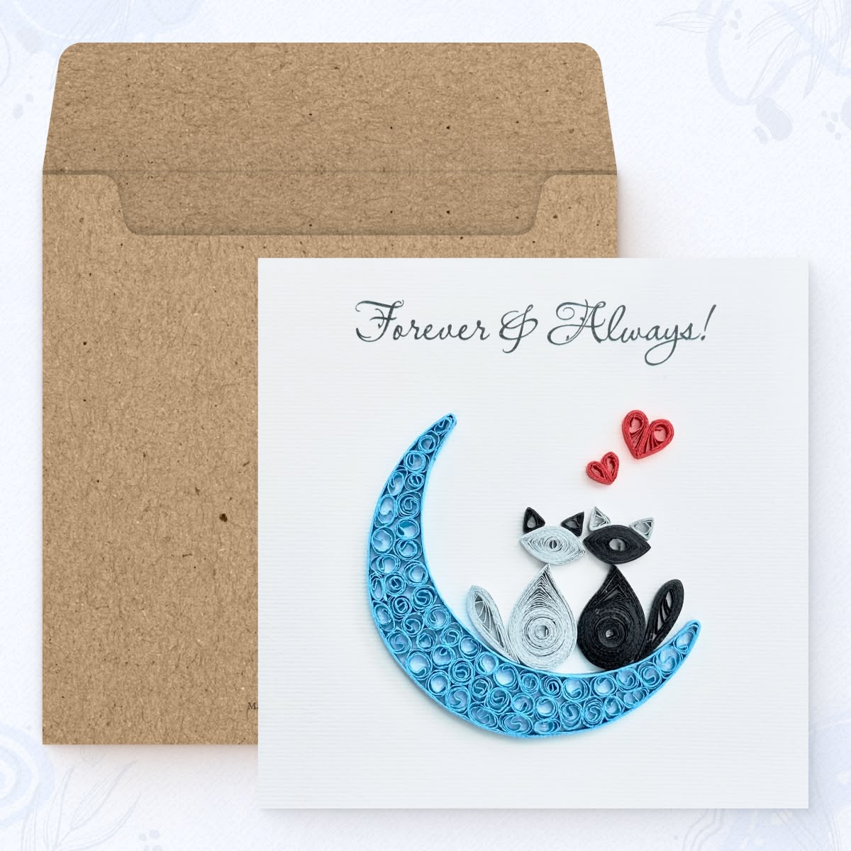 Vonderly quilled moon cats anniversary card with kraft envelope, two cats on crescent moon paper art card