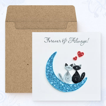 Vonderly quilled moon cats anniversary card with kraft envelope, two cats on crescent moon paper art card