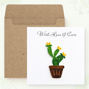 Prickly Pear quilled greeting card shown with its square kraft envelope.