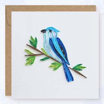 Handmade quilled blue jay greeting card, blue songbird perched on a brown branch with green leaves, paper art by Vonderly