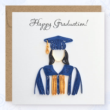 Handmade quilled graduation card for her: blue cap and gown with gold tassel, paper art by Vonderly