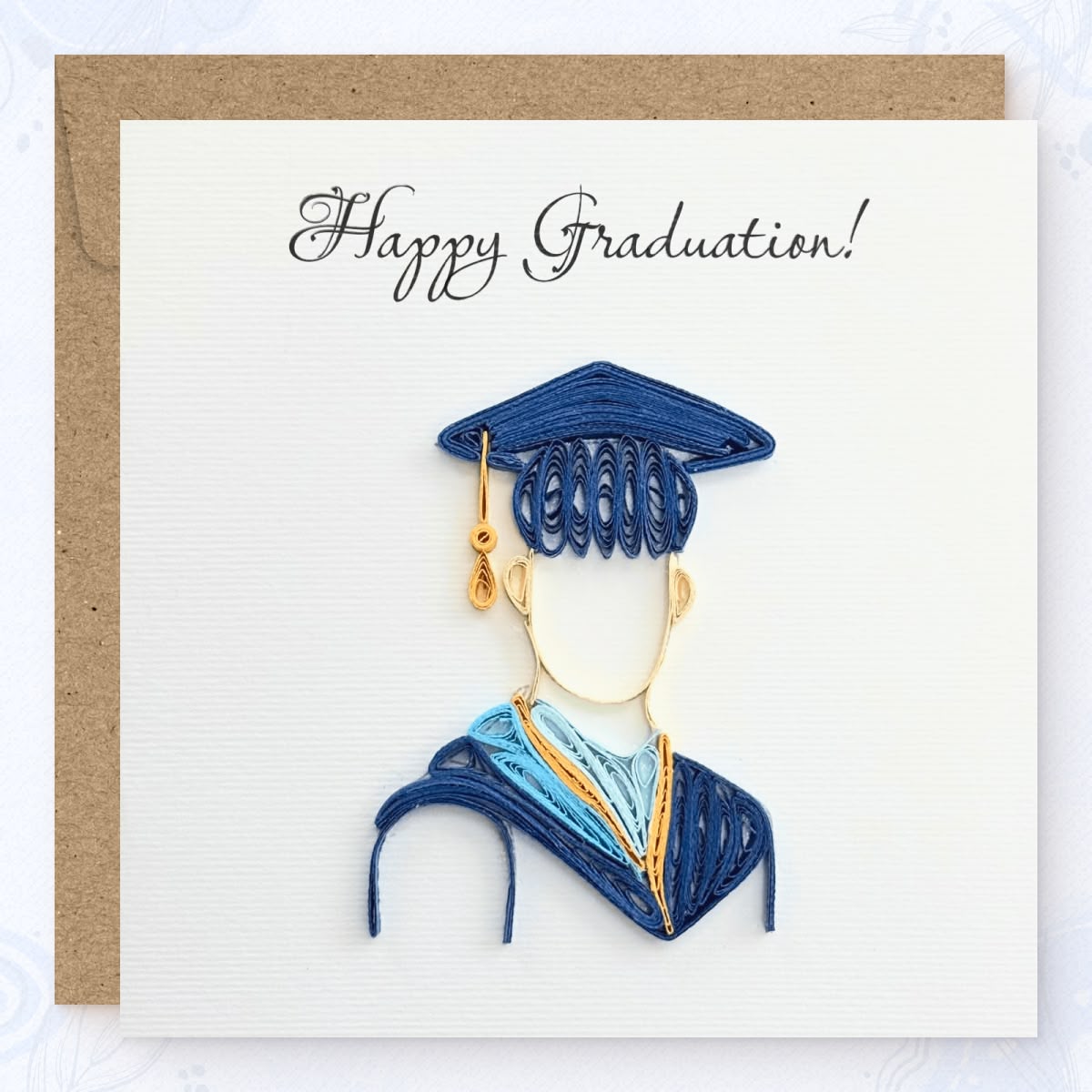 Handmade quilled graduation greeting card for him, faceless male figure in navy cap and gown with gold tassel and tri-color hood, paper art by Vonderly