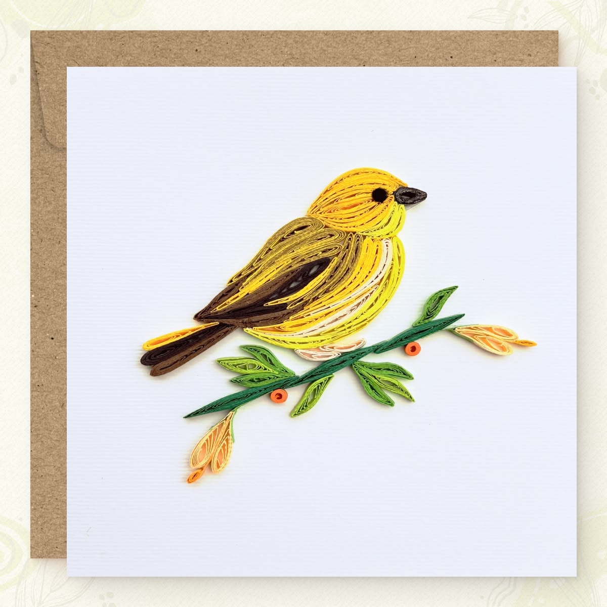Handmade quilled yellow warbler greeting card, bright yellow songbird perched on a green branch with brown wing patches and orange berries, paper art by Vonderly