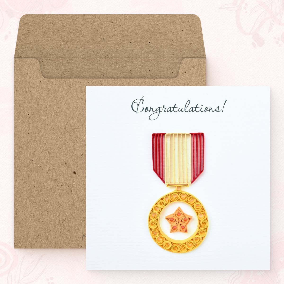 Vonderly quilled star medal congratulations card with kraft envelope, gold service medal paper art card