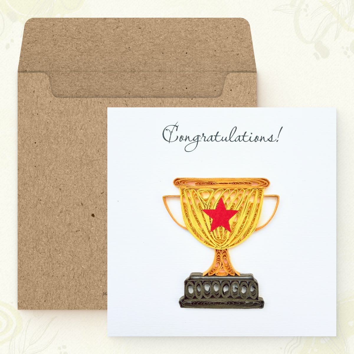 Vonderly quilled trophy congratulations card with kraft envelope, gold championship trophy paper art card