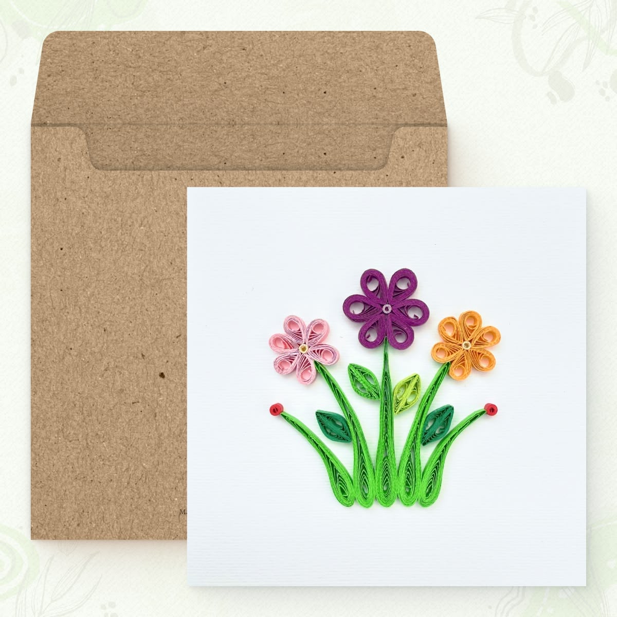 Vonderly quilled wildflowers floral card with kraft envelope, three flowers paper art card