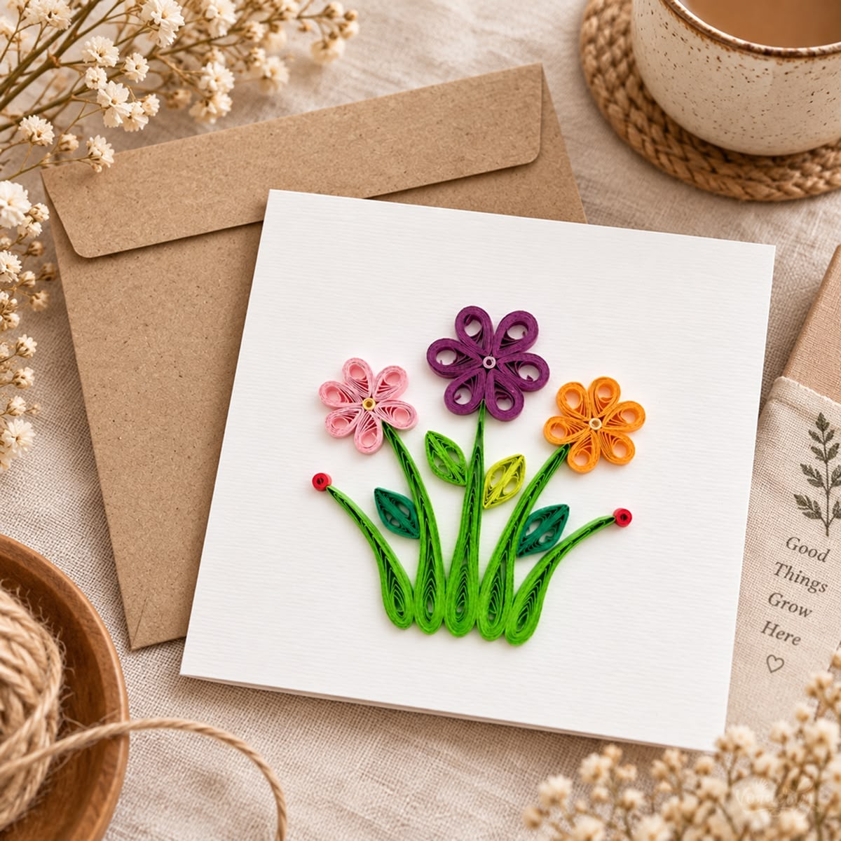 Wildflowers quilled greeting card and its kraft envelope on linen, beside dried flowers and a cup of coffee.