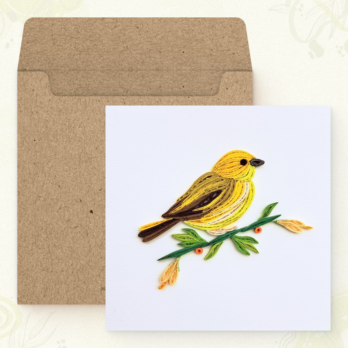 Vonderly quilled yellow warbler card with kraft envelope, yellow songbird paper art card