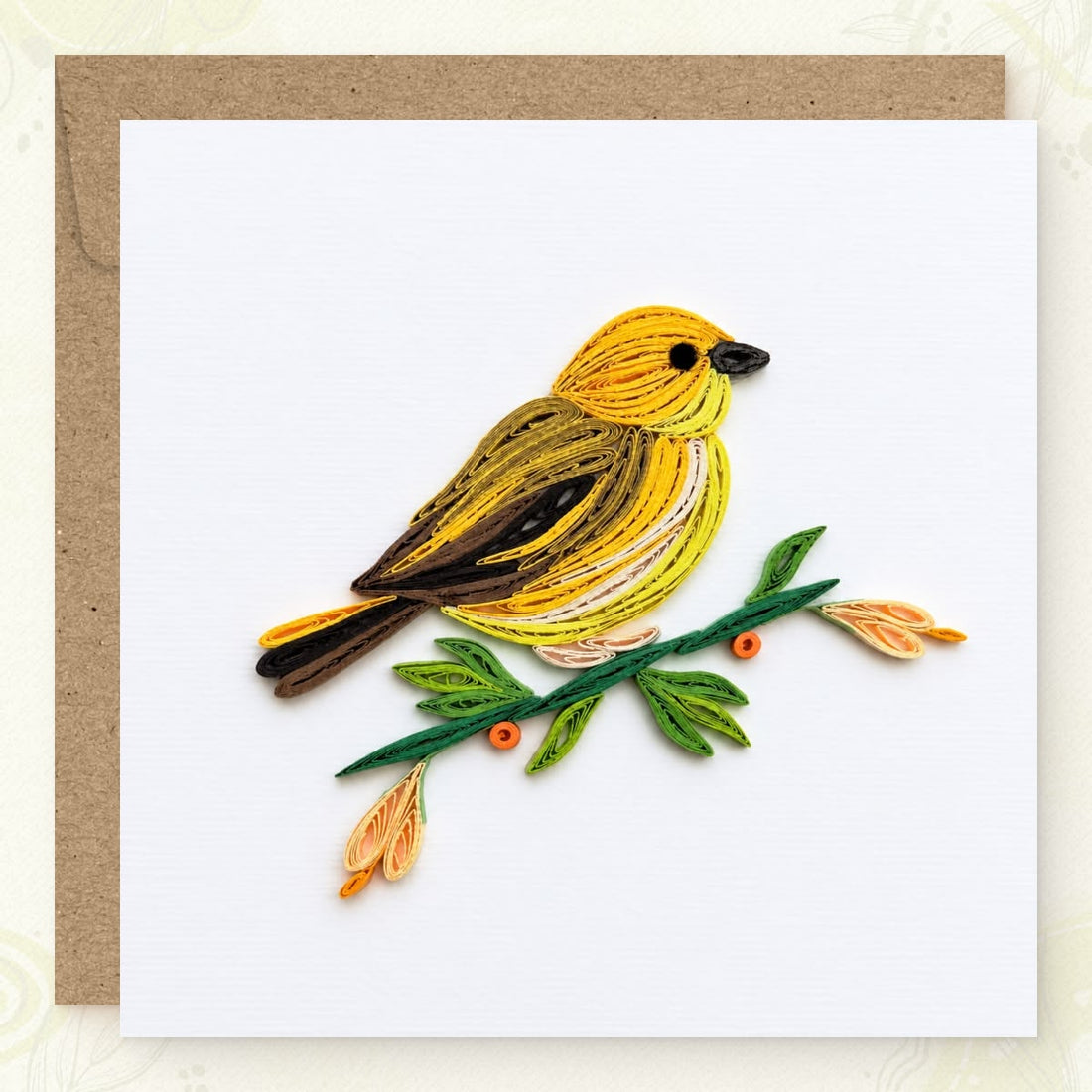 Yellow Warbler quilled greeting card with a yellow songbird on a green branch with orange berries and pale buds.